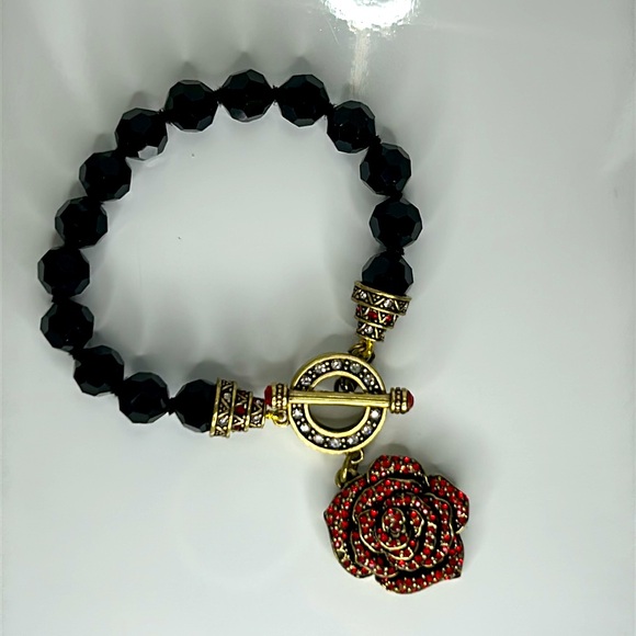 NWOT Retired Heidi Daus Designer Red Rose Rhinestone Toggle Bracelet Flower Boho - Picture 3 of 10